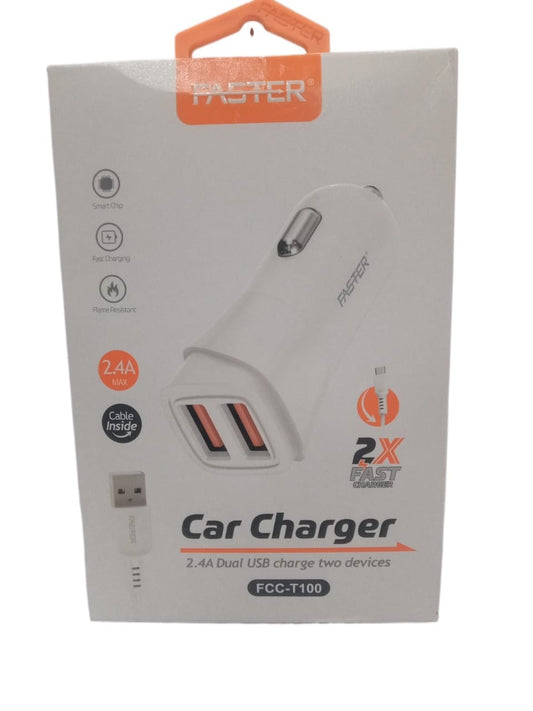 Faster FCC-T100 Car Charger 2.4A Dual Usb