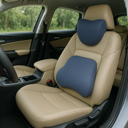 Motorsports Smooth Memory Foam Car Seat Cushion Set (Headrest + Backrest) Blue Grey
