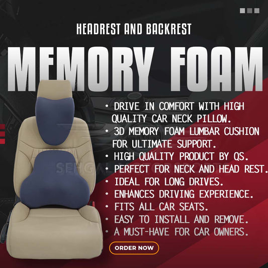 Motorsports Smooth Memory Foam Car Seat Cushion Set (Headrest + Backrest) Blue Grey