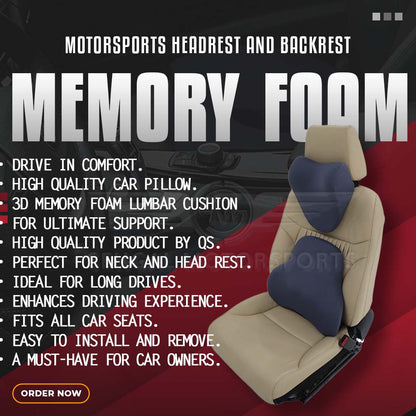 Motorsports Smooth Memory Foam Car Seat Cushion Set (Headrest + Backrest) Blue Grey