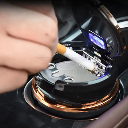 Portable Premium Ceramic Car Ashtray Black with Cup Holder & LED