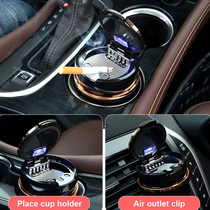 Portable Premium Ceramic Car Ashtray Black with Cup Holder & LED
